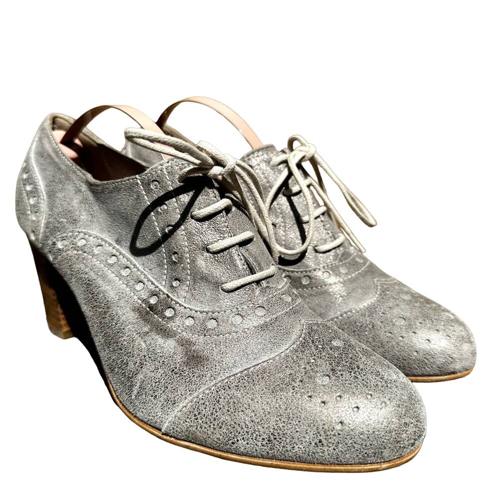 Sundance Lucette Leather Wingtip Oxford Bootie Metallic Lace Up Silver 37 6.5